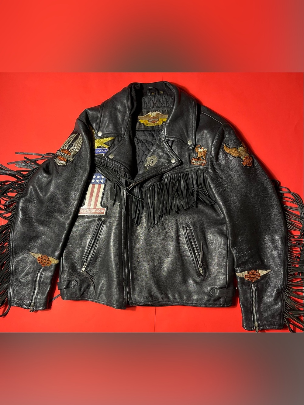 Vintage 1990 Harley Davidson Fringe Eagle Leather Jacket Size 50
